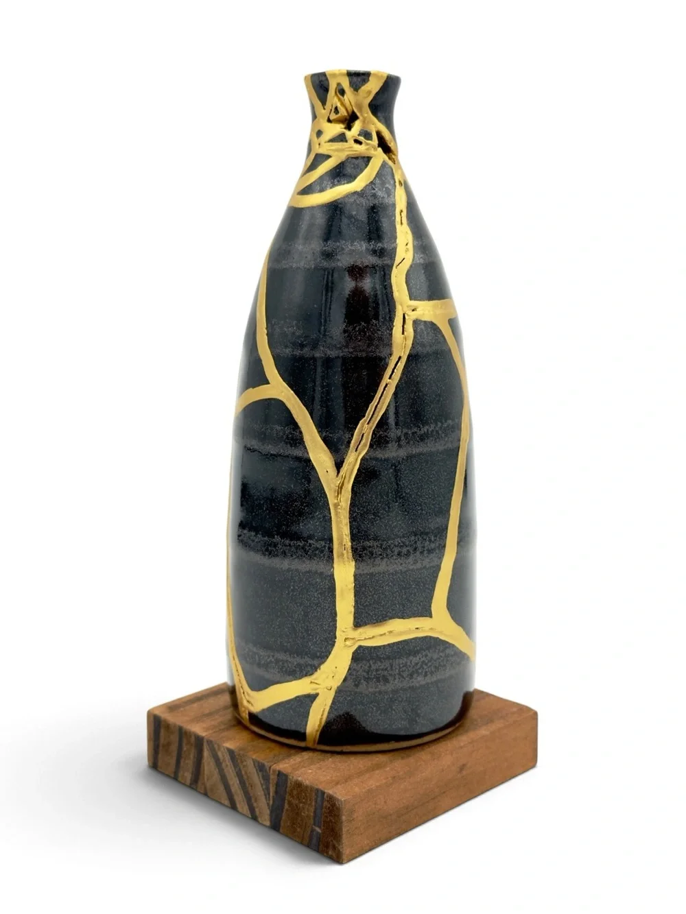 Kintsugi Vase Striped Black Pottery Gold Crack Art Growth Anniversary Gift